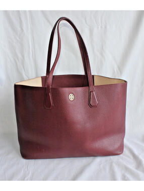 Tory Burch Perry Deep Berry Burgundy/Tea Stain Pebbled Leather Large Tote